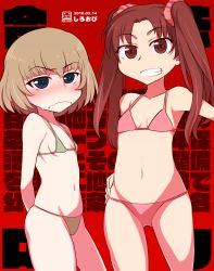 Rule 34 | 10s, 2girls, alternate hair ornament, arms behind back, artist name, bikini, blonde hair, blue eyes, blush, brown eyes, brown hair, closed mouth, commentary, cowboy shot, dated, flat chest, frown, girls und panzer, green bikini, grin, hand on own hip, highres, kadotani anzu, katyusha (girls und panzer), long hair, looking at viewer, micro bikini, multiple girls, navel, one-hour drawing challenge, parted bangs, pink bikini, pink scrunchie, red background, scrunchie, shiroobi (whitebeltmaster), short hair, smile, standing, swimsuit, tears, translation request, twintails, watermark