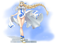 Rule 34 | 00s, 1girl, alicia florence, aria (manga), beret, blonde hair, blouse, blue eyes, braid, braided ponytail, breasts, crossed legs, dress, hat, impossible clothes, large breasts, legs, long hair, no panties, open mouth, shirt, single braid, smile, solo, stairs, standing, uniform, very long hair, wallpaper, watson cross, white shirt, yaso shigeru