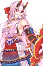 Rule 34 | 1girl, armor, bow, bow (weapon), breasts, detached sleeves, fate/grand order, fate (series), hair between eyes, headband, high collar, highres, horns, japanese armor, japanese clothes, kimono, kote, long hair, looking at viewer, oni horns, red bow, red eyes, red horns, sideboob, silver hair, simple background, slit pupils, solo, tomoe gozen (fate), weapon, white background, white kimono, yahan (mctr5253)