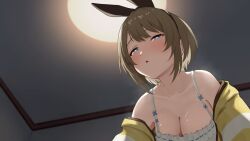 Rule 34 | 1girl, aogiri koukou, aqua eyes, bare shoulders, blush, breasts, brown hair, cleavage, commentary request, hairband, heart, heart-shaped pupils, kurikoma komaru, looking at viewer, off shoulder, party, short hair, solo, sweat, symbol-shaped pupils, taachika