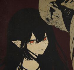 Rule 34 | 1girl, black hair, highres, long hair, looking at viewer, original, pointy ears, red background, red eyes, simple background, skeleton, smile, solo, upper body, washiya0