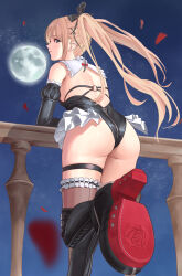 Rule 34 | 1girl, absurdres, apron, armpits, ass, black ribbon, blonde hair, dead or alive, frills, hair ribbon, halterneck, highres, hoki1314, long hair, looking at viewer, maid, maid apron, marie rose, moon, moonlight, night, night sky, ribbon, sky, solo, standing, thighs, twintails, wedgie