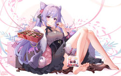Rule 34 | 1girl, black skirt, blush, box, box of chocolates, bracelet, braid, breasts, cat, censored, character censor, chocolate, commentary request, copyright request, feet, flower, food, full body, fur-trimmed jacket, fur trim, genshin impact, gou lianlian dogface, grey shirt, hair ornament, heart, heart hair ornament, high-waist skirt, highres, holding, holding box, holding chocolate, holding food, incoming food, jacket, jewelry, keqing (genshin impact), knees up, long hair, long sleeves, medium breasts, nail polish, novelty censor, open clothes, open jacket, parted lips, pink eyes, pink flower, pink nails, purple hair, shirt, sitting, skirt, solo, toenail polish, toenails, toes