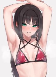 Rule 34 | 1girl, absurdres, armpits, arms up, bare arms, bare shoulders, bikini, black hair, blush, breasts, collarbone, commentary, criss-cross halter, ear blush, floral print, green eyes, grey background, half-closed eyes, halterneck, highres, kurosawa dia, long hair, looking at viewer, love live!, love live! sunshine!!, messy hair, mole, mole under mouth, nasuno (nasuno42), nose blush, parted lips, print bikini, red bikini, revision, seductive smile, sidelocks, simple background, small breasts, smile, solo, steaming body, sweat, swimsuit, tsurime, upper body, water drop, wet, wet hair
