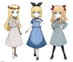 3girls alice_liddell_(black_souls) apron asdf1211950 black_bow black_pantyhose black_souls black_souls_2 blonde_hair blue_apron blue_dress bow capelet dress edith_liddell_(black_souls) frilled_apron frills full_body hair_bow head_wreath highres long_hair looking_at_viewer lorina_liddell_(black_souls) multiple_girls pantyhose puffy_short_sleeves puffy_sleeves short_hair short_sleeves siblings sidelocks sisters twintails white_capelet white_dress