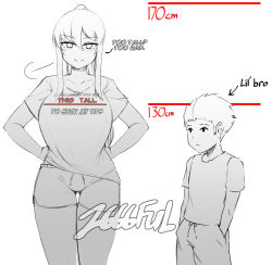 Rule 34 | 1boy, 1girl, absurdres, age difference, artist name, breasts, clothes writing, collarbone, height difference, highres, large breasts, looking at viewer, monochrome, original, short shorts, short sleeves, shorts, smile, suraya (z666ful), thigh gap, thighs, white background, z666ful