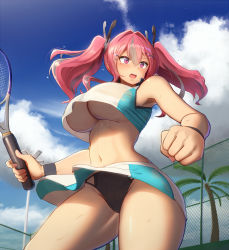 Rule 34 | 1girl, armpit peek, azur lane, bare legs, black panties, blue shirt, blue skirt, blue sky, blush, breasts, bremerton (azur lane), bremerton (scorching-hot training) (azur lane), cleavage, clenched hand, cloud, cloudy sky, coconut tree, commentary, cowboy shot, crop top, crop top overhang, day, hair between eyes, hair ornament, hairclip, headpiece, holding, holding racket, huge breasts, large breasts, long hair, maku ro, midriff, miniskirt, mole, mole under eye, multicolored hair, narrow waist, navel, no bra, open mouth, outdoors, palm tree, panties, pink eyes, pink hair, racket, shirt, silver hair, skirt, sky, sleeveless, sleeveless shirt, solo, sportswear, sweat, sweatband, tennis court, tennis racket, tennis uniform, thick thighs, thighs, tree, twintails, two-tone hair, two-tone shirt, two-tone skirt, underboob, underwear, white shirt, white skirt, wristband, x hair ornament