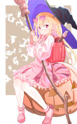 Rule 34 | 1girl, absurdres, arcanakit v, backpack, bag, black hat, blonde hair, broom, brown background, commission, dress, eyewear on head, flute, full body, hair bobbles, hair ornament, hat, highres, holding, holding broom, instrument, jack-o&#039;-lantern, kami misuzu, long hair, long sleeves, looking at viewer, pantyhose, pink dress, pink eyes, pink footwear, pointy ears, puffy long sleeves, puffy sleeves, pumpkin, randoseru, recorder, sitting, skeb commission, smile, solo, sunglasses, tsukinowa kousuke, white pantyhose, witch hat