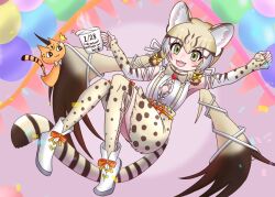 Rule 34 | 1girl, animal ears, boots, bow, bowtie, cat ears, cat girl, cat tail, cup, equalarrow, extra ears, geoffroy&#039;s cat (kemono friends), green eyes, grey hair, holding, holding cup, kemono friends, kemono friends v project, long hair, looking at viewer, microphone, shirt, simple background, skirt, suspenders, tail, thighhighs, twintails, virtual youtuber