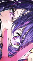 Rule 34 | 1girl, blush, close-up, commentary, eye focus, gloves, hair between eyes, hair ornament, highres, hoshino ai (oshi no ko), multicolored eyes, open mouth, oshi no ko, pink eyes, pink gloves, purple eyes, purple hair, rabbit hair ornament, sidelocks, sideways, smile, solo, star-shaped pupils, star (symbol), star hair ornament, sukepom, symbol-shaped pupils, teeth, v, v over eye