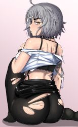 Rule 34 | 1girl, ahoge, ass, bad id, bad pixiv id, bare shoulders, black bra, black legwear, black skirt, bra, bracelet, breasts, chain, clothes lift, collar, eyeliner, fate/grand order, fate (series), from behind, full body, goth fashion, gothic, grey hair, half-closed eyes, highres, jeanne d&#039;arc (fate), jeanne d&#039;arc alter (avenger) (fate), jeanne d&#039;arc alter (fate), jewelry, kevbot, looking at viewer, looking back, makeup, mole, mole under eye, no panties, off shoulder, pencil skirt, punkish gothic, short hair, simple background, skirt, skirt lift, solo, spiked bracelet, spiked collar, spikes, thick eyebrows, torn clothes, torn legwear, underwear, white background, yellow eyes