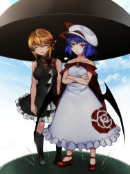 Rule 34 | 2girls, adapted costume, alternate breast size, aoshima, bare shoulders, bat wings, black dress, blonde hair, breasts, cloud, collarbone, commentary request, crossed arms, darkness, day, dress, flat chest, floral print, frown, full body, grass, hair ribbon, hat, highres, light purple hair, lips, looking at another, looking up, medium breasts, mob cap, multiple girls, off-shoulder dress, off shoulder, outdoors, red eyes, red footwear, remilia scarlet, ribbon, rumia, shoes, short hair, sidelocks, sky, sleeveless, sleeveless dress, small breasts, sweatdrop, tired, touhou, tsurime, vampire, white dress, wings