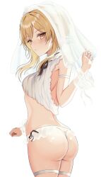 1girl alternate_costume ass blonde_hair breasts crop_top from_side genshin_impact highres lumine_(genshin_impact) medium_breasts midriff panties short_hair_with_long_locks sideboob simple_background solo thigh_strap thighs underwear veil white_background white_panties white_veil yashita_saki yellow_eyes