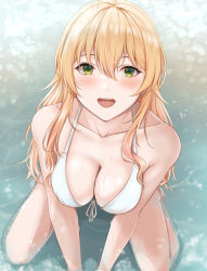 Rule 34 | 1girl, bare shoulders, bikini, blonde hair, blush, breasts, cleavage, collarbone, commentary request, day, eyebrows hidden by hair, from above, front-tie bikini top, front-tie top, green eyes, highres, hoshii miki, idolmaster, kneeling, large breasts, looking at viewer, looking up, outdoors, solo, swimsuit, water, wet, white bikini, yuzuyu (hyui)