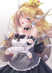 Rule 34 | 1girl, alternate costume, alternate hairstyle, apron, armlet, black bow, blonde hair, blue eyes, blush, bow, bowsette, commentary, eru (eru illust), fangs, highres, horns, looking at viewer, maid apron, mario (series), new super mario bros. u deluxe, nintendo, open mouth, pointy ears, simple background, solo, spiked armlet, spiked tail, super crown, tail, twintails, waist bow, white background