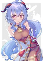 Rule 34 | ahoge, bare shoulders, bell, black legwear, blue hair, blush, bodystocking, bodysuit, breasts, chinese knot, detached sleeves, flower knot, ganyu (genshin impact), genshin impact, gold trim, highres, horns, leaning forward, leotard, leotard under clothes, long hair, looking at viewer, low ponytail, medium breasts, multicolored eyes, neck bell, pelvic curtain, sidelocks, solo, tachiuo 00, tassel, thighlet, vision (genshin impact), white sleeves