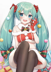 Rule 34 | 1girl, :d, absurdres, aqua hair, black thighhighs, blue eyes, blush, bow, box, christmas, crop top, feet out of frame, fur-trimmed gloves, fur-trimmed shirt, fur trim, gift, gift box, gloves, hair bobbles, hair bow, hair ornament, hand up, hatsune miku, highres, holding, long hair, midriff, noneon319, off-shoulder shirt, off shoulder, open mouth, plaid, plaid bow, red bow, red gloves, red shirt, santa costume, shirt, simple background, sitting, smile, solo, star (symbol), striped, striped bow, teeth, thighhighs, twintails, upper teeth only, very long hair, vocaloid, white background