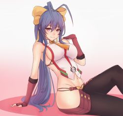 Rule 34 | 1girl, antenna hair, backless outfit, blazblue, blazblue: central fiction, blazblue variable heart, blue hair, bluefield, blush, bow, breasts, covered erect nipples, fingerless gloves, genderswap, genderswap (mtf), gloves, groin, hair between eyes, hair bow, highres, large breasts, long hair, looking at viewer, lowleg, lowleg pants, mai natsume, navel, no bra, no panties, pants, ponytail, purple eyes, red eyes, revealing clothes, ribbon, sideboob, sidelocks, sitting, smile, solo, very long hair, yellow bow