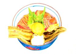 Rule 34 | bowl, colored pencil (medium), donburi, food, food focus, leaf, manmosu-0607, no humans, original, simple background, still life, traditional media, white background