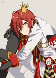 Rule 34 | 1boy, black gloves, blue eyes, boots, cape, crown, depitwst, gloves, hair between eyes, highres, jacket, long sleeves, male focus, mini crown, red hair, riddle rosehearts, short hair, simple background, solo, thigh boots, thighhighs, twisted wonderland, white background
