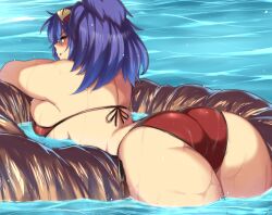 Rule 34 | 1girl, ass, bikini, blush, breasts, commentary request, hair ornament, large breasts, looking at viewer, looking back, medium hair, open mouth, outdoors, purple hair, red bikini, red eyes, rope, shimenawa, solo, swimsuit, tobisawa, touhou, wading, water, yasaka kanako