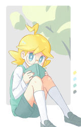Rule 34 | 1boy, ahoge, akasaka (qv92612), blonde hair, blue eyes, book, clemont (pokemon), color guide, commentary request, covering own mouth, creatures (company), game freak, glasses, green shorts, green vest, highres, holding, holding book, looking at viewer, male focus, nintendo, pokemon, pokemon xy, shirt, shoes, shorts, sitting, socks, solo, tree, vest, white shirt, white socks