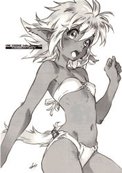 Rule 34 | 1girl, 2017, bra, dated, fam (ruin explorers), flat chest, fundoshi, highres, hikyou tanken fam &amp; ihrie, japanese clothes, looking at viewer, monochrome, navel, non-web source, official art, open mouth, panties, pointy ears, short hair, simple background, solo, strapless, strapless bra, tail, tanaka kunihiko, underwear, white background, white fundoshi, white panties