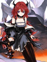 Rule 34 | 1girl, arknights, bad id, bad pixiv id, black dress, demon girl, demon horns, dress, highres, horns, long hair, looking to the side, orrdriver, purple eyes, red hair, sitting, slit pupils, surtr (arknights), sword, thighhighs, weapon
