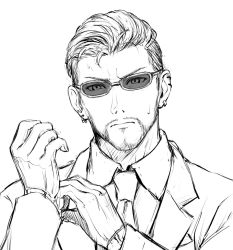 Rule 34 | 1boy, alternate hair length, alternate hairstyle, bad id, bad pixiv id, beard, closed mouth, collared shirt, earrings, facial hair, final fantasy, final fantasy vii, final fantasy vii remake, formal, glasses, gloves, greyscale, hand up, highres, jacket, jewelry, looking at viewer, male focus, mondi hl, monochrome, necktie, rude (ff7), shirt, short hair, sketch, solo, square enix, suit, sunglasses, turks (ff7), upper body