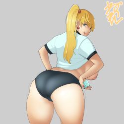 Rule 34 | 1girl, ass, blonde hair, blue eyes, breasts, censored, clothes lift, condom, condom wrapper, earrings, eva (neone), futanari, gym uniform, huge breasts, jewelry, large breasts, licking lips, looking back, motion lines, neone, nipples, original, plump, ponytail, shirt, shirt lift, solo, standing, thick thighs, thighs, tongue, tongue out, underwear