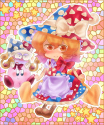Rule 34 | 1girl, bad id, bad pixiv id, blonde hair, cosplay, crossover, hat, hat ribbon, kirby, kirby (series), kirisame marisa, marx (kirby), mosaic background, multicolored background, nigemizu, nintendo, no arms, ribbon, surprised, touhou, witch hat, yellow eyes