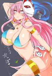 Rule 34 | 1girl, alternate costume, armlet, bikini, bikini top only, blue bikini, blush, bouncing breasts, bracelet, breasts, choker, cleavage, collarbone, commentary request, cowboy shot, dancer, earrings, covered erect nipples, fox mask, from side, gold, hair between eyes, hata no kokoro, highres, jewelry, large breasts, long hair, looking at viewer, looking to the side, mask, mask on head, motion lines, navel, navel piercing, necklace, piercing, pink eyes, pink hair, roki (hirokix), sarong, sidelocks, solo, star (symbol), star necklace, stomach, sweat, swimsuit, thighlet, thighs, touhou, very long hair