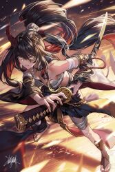 Rule 34 | 1girl, absurdres, armlet, bandaged arm, bandaged leg, bandages, bare shoulders, barefoot, black hair, breasts, brown eyes, character request, chest sarashi, commentary request, demon girl, fingernails, fujiya takao, hair flowing over, hair ribbon, highres, holding, holding sword, holding weapon, indoors, jewelry, katana, loincloth, long hair, looking at viewer, mask, medium breasts, multicolored hair, original, pink lips, red hair, revealing clothes, ribbon, samurai, sarashi, scabbard, shadow, sheath, shiny skin, signature, single barefoot, solo, sparks, sword, toenails, toes, two-tone hair, unsheathing, very long hair, weapon, white ribbon, wooden floor