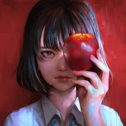 Rule 34 | 1girl, apple, bad id, bad twitter id, black eyes, black hair, blouse, blue necktie, bob cut, closed mouth, collared shirt, food, fruit, hand up, highres, holding, holding food, holding fruit, looking at viewer, medium hair, necktie, original, red apple, red background, shirt, solo, striped necktie, wataboku, white shirt, wing collar