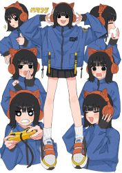 Rule 34 | 1girl, animal ears, arms up, black eyes, black hair, black skirt, blue jacket, blunt bangs, blush, blush stickers, clenched teeth, closed mouth, controller, covering own mouth, eyes visible through hair, fake animal ears, fingernails, game controller, grey background, hamafugu, hand over own mouth, headphones, highres, holding, holding controller, holding game controller, jacket, medium hair, multiple views, open mouth, original, simple background, skirt, sleeves past wrists, smile, socks, sparkle, star-shaped pupils, star (symbol), symbol-shaped pupils, tearing up, teeth, thumbs up, upper teeth only, white legwear, yawning, zipper, zipper pull tab