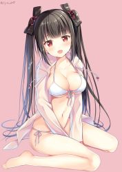 Rule 34 | 1girl, :d, bare legs, barefoot, between legs, bikini, black hair, blunt bangs, blush, breasts, character request, cleavage, collarbone, front-tie top, hair ribbon, hood, hoodie, large breasts, long hair, looking at viewer, navel, open clothes, open hoodie, open mouth, original, pink background, red eyes, ribbon, side-tie bikini bottom, sitting, smile, solo, sousouman, swimsuit, twintails, v arms, wariza, white bikini
