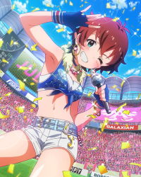 Rule 34 | 10s, 1girl, ;d, armpits, artist request, audience, belt, blue eyes, blush, bracelet, brown hair, confetti, crop top, day, earrings, fingerless gloves, front-tie top, gloves, grin, idolmaster, idolmaster million live!, jewelry, julia (idolmaster), looking at viewer, microphone, midriff, navel, necklace, official art, one eye closed, open mouth, sequins, shiny skin, short hair, shorts, sky, smile, solo, wink