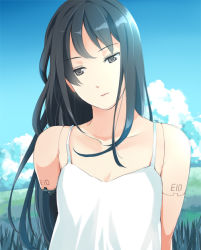 Rule 34 | 1girl, android, bad id, bad pixiv id, black hair, cloud, day, female focus, field, grass, grey eyes, joints, long hair, nature, original, outdoors, robot joints, sky, solo, towa (pixiv)