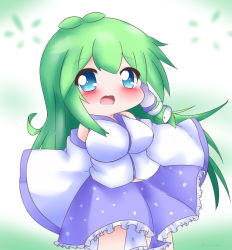 Rule 34 | 1girl, ahoge, blue eyes, blue skirt, blurry, blurry background, blush, breasts, chibi, commentary, cowboy shot, detached sleeves, gradient background, green background, green hair, hair ornament, hair tubes, kochiya sanae, large breasts, looking at viewer, nontraditional miko, open mouth, outstretched arms, petticoat, shirt, sidelocks, skirt, snake hair ornament, solo, spread arms, standing, touhou, twitter username, white background, white shirt, yairenko
