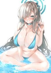 Rule 34 | 1girl, asuna (blue archive), bare shoulders, bikini, blue archive, blue eyes, breasts, cleavage, highres, large breasts, light brown hair, looking at viewer, mutou mame, navel, smile, solo, swimsuit