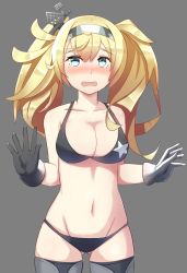 Rule 34 | 1girl, bikini, blonde hair, blue eyes, blush, breasts, check commentary, cleavage, collarbone, commentary, commentary request, cowboy shot, crying, crying with eyes open, fuki to takenoko, gambier bay (kancolle), gloves, gluteal fold, groin, hair between eyes, headband, headgear, highres, kantai collection, large breasts, long hair, looking at viewer, multicolored clothes, multicolored gloves, navel, panties, solo, standing, stomach, swimsuit, tears, thigh gap, thighhighs, thighs, twintails, underwear