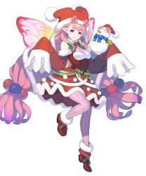 Rule 34 | 1girl, ankle boots, blush, boots, closed mouth, dress, enkyo yuuichirou, fairy wings, fire emblem, fire emblem heroes, floating, floating object, fur trim, hair ornament, high heel boots, high heels, highres, leg up, long hair, looking at viewer, low-tied long hair, mirabilis (fire emblem), mirabilis (winter) (fire emblem), nintendo, official art, pantyhose, pink hair, pointy ears, polka dot, pom pom (clothes), purple eyes, red footwear, sleeves past wrists, smile, solo, striped, transparent background, vertical stripes, wide sleeves, wings