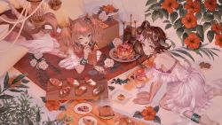 Rule 34 | 2girls, alcohol, all fours, angelina (arknights), angelina (summer flower) (arknights), animal ears, ankleband, arknights, bikini, black collar, blush, board, bottle, bread, brown hair, cake, candle, chandelier, collar, commentary, cropped legs, dress, drink, drinking straw, english commentary, eyjafjalla (arknights), eyjafjalla (summer flower) (arknights), female focus, flower, food, fox ears, fox girl, fox tail, full body, hair ribbon, highres, horns, infection monitor (arknights), jewelry, long hair, looking at viewer, lying, makkuro, multiple girls, necklace, off-shoulder bikini, off shoulder, official alternate costume, on stomach, one-piece swimsuit, one eye closed, pink bikini, red eyes, red flower, red ribbon, red one-piece swimsuit, ribbon, see-through, see-through dress, sheep ears, sheep horns, swimsuit, swimsuit cover-up, tail, thigh strap, triangle mouth, twintails, white dress, white flower