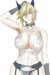 Rule 34 | 1girl, arm up, armpits, arms behind head, artoria pendragon (fate), artoria pendragon (lancer alter) (fate), artoria pendragon (lancer alter) (royal icing) (fate), babydoll, bare shoulders, black panties, blonde hair, blush, braid, breasts, choker, cleavage, collarbone, covered erect nipples, eyelashes, fate/grand order, fate (series), french braid, garter belt, garter straps, gloves, grey gloves, grey panties, hair between eyes, hashimoto (frog flag), hip focus, horns, jewelry, large breasts, lingerie, long hair, looking at viewer, navel, necklace, official alternate costume, pale skin, panties, see-through, sidelocks, simple background, smile, solo, swept bangs, underwear, white background, yellow eyes