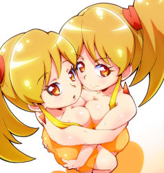 Rule 34 | 10s, 2girls, ass, ass grab, breast press, breasts, cleavage, cure gonna, cure pantaloni, earrings, happinesscharge precure!, hug, jewelry, large breasts, lingerie, multiple girls, orange eyes, orange hair, precure, ryuuta (cure ryuuta), short hair, siblings, side ponytail, sisters, smile, twins, underwear, white background, yuri