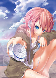 Rule 34 | 1girl, barefoot, blue eyes, blush, bottomless, cityscape, cloud, collarbone, day, digital media player, hair between eyes, headphones, knee up, long sleeves, looking at viewer, looking to the side, nilitsu, original, outdoors, outstretched arm, pink hair, reaching, reaching towards viewer, shiny skin, short hair, sitting, sky, smile, solo