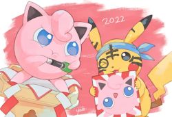 Rule 34 | &gt; o, 2022, :t, blue eyes, blue headband, body writing, closed mouth, commentary request, creatures (company), drawing (object), game freak, gen 1 pokemon, happi xfyg, headband, holding, holding microphone, jigglypuff, microphone, nintendo, no humans, one eye closed, open mouth, pikachu, pokemon, pokemon (creature), pout, signature, smile, tongue