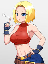 Rule 34 | 1girl, armpits, bare shoulders, belt, blonde hair, blue eyes, blue mary, breasts, crop top, fatal fury, fingerless gloves, gloves, highres, looking at viewer, midriff, navel, short hair, simple background, sleeveless, solo, the king of fighters, white background, yensh