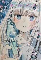 Rule 34 | 1girl, air bubble, artist name, blue background, blue eyes, blue sailor collar, blue theme, blush, bottle, bright pupils, bubble, closed mouth, commentary, eyes visible through hair, hand up, holding, holding bottle, limited palette, long hair, looking at viewer, original, pale skin, ramune, sailor collar, solo, split mouth, sutera sea, symbol-only commentary, traditional media, white hair, white pupils