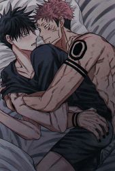 Rule 34 | 2boys, arm tattoo, ass, ass grab, bed, black hair, black male underwear, black nails, blush, boxers, bulge, bulge press, collarbone, erection, erection under clothes, extra eyes, eye contact, facial tattoo, frottage, fushiguro megumi, fushirun rung, grabbing, grabbing from behind, green eyes, groping, hair between eyes, hand under clothes, hand under shirt, highres, imminent anal, imminent penetration, indoors, jujutsu kaisen, korean commentary, looking at another, lying, male focus, male underwear, multiple boys, muscular, muscular male, nail polish, on bed, pink hair, red eyes, ryoumen sukuna (jujutsu kaisen), shirt, shoulder tattoo, smile, tattoo, topless male, undercut, underwear, yaoi